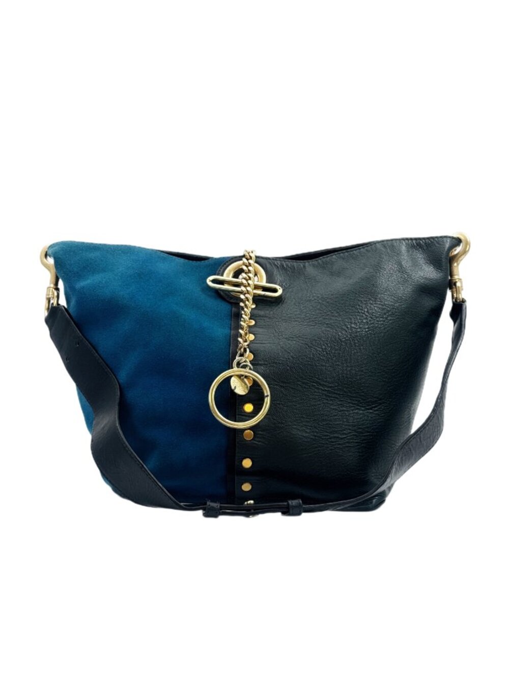 See by Chloé Blue Suede Black Leather Shoulder Bag Gold Hardware